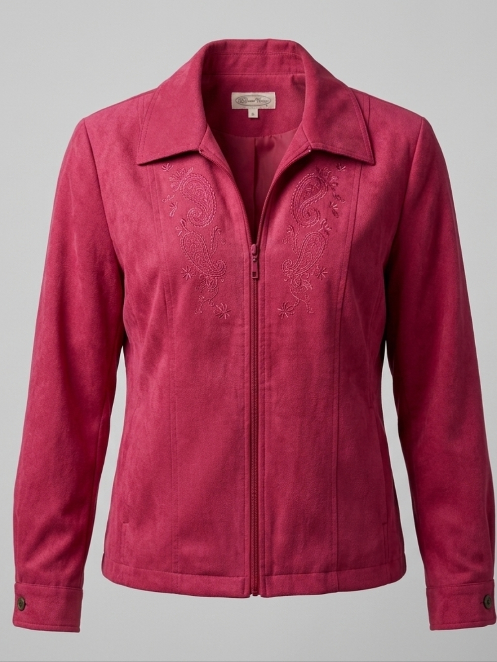 Northern Reflections Pink Embroidred Full Zip Women's Spring Velvet Jacket Sz L